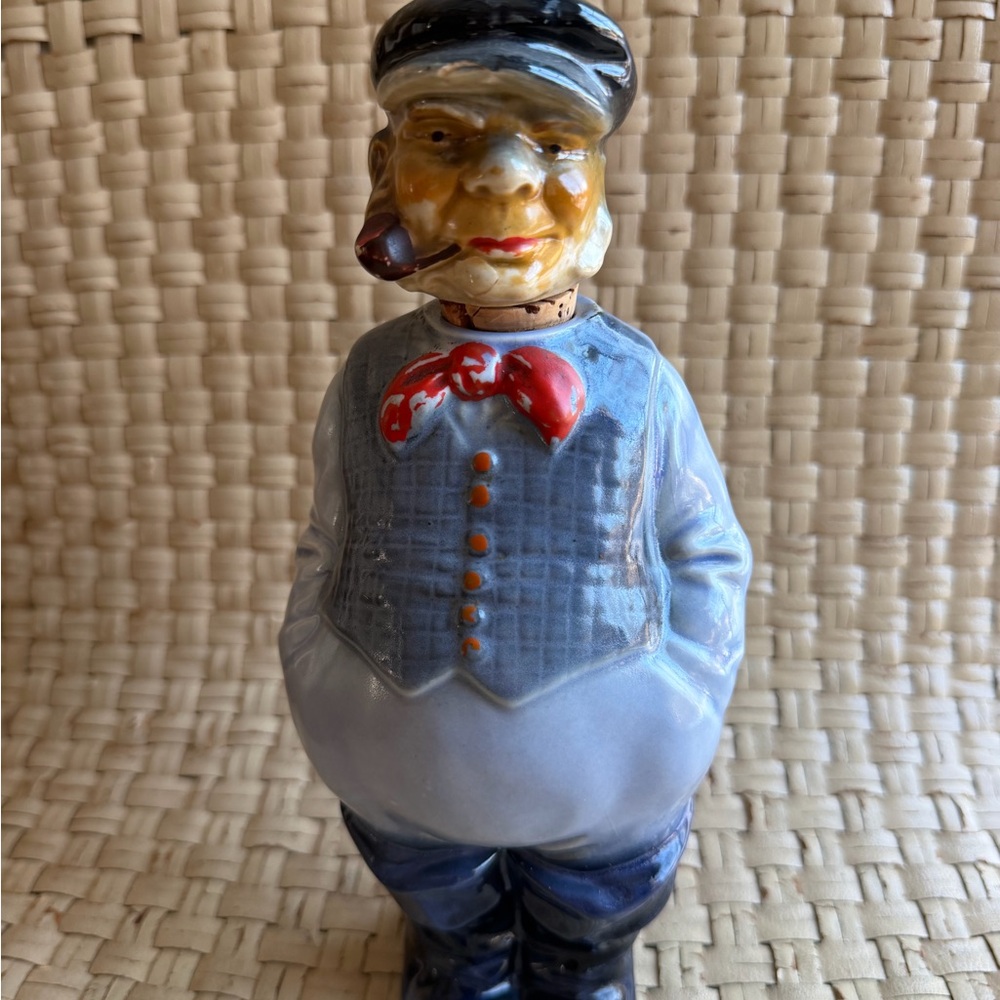 Decanter Figurine Old Man-pipe, cap blue Porcelain Vintage 1950